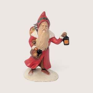 1990s Ceramic Santa Claus Lantern Figurine Folk Art Belsnickle Decor 9"